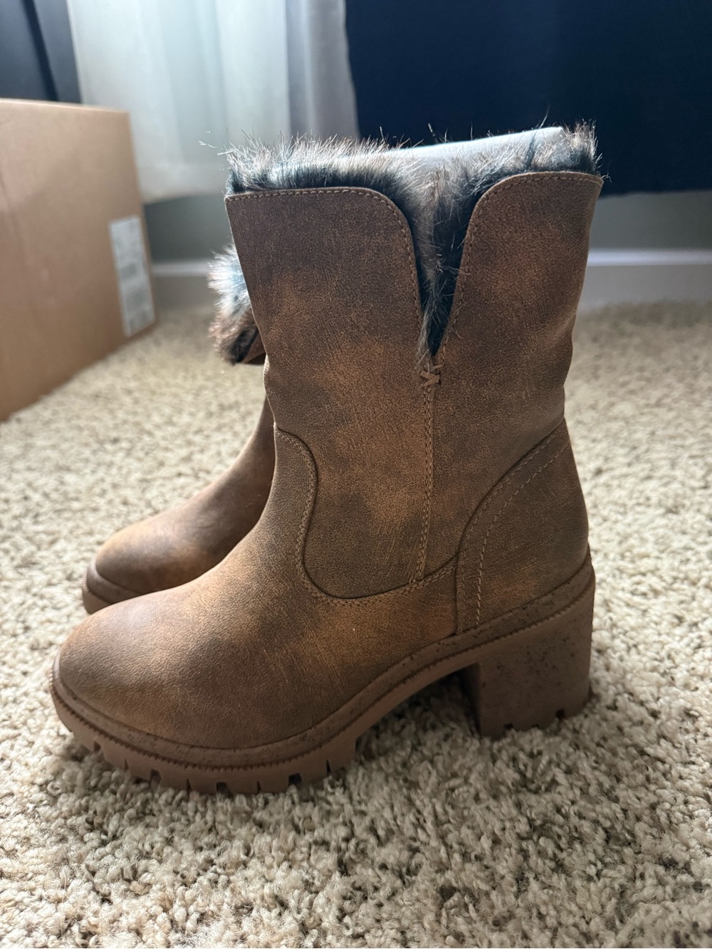 Women’s Faux Fur Trim Brown Suede Ankle Boots - Picture 3 of 6
